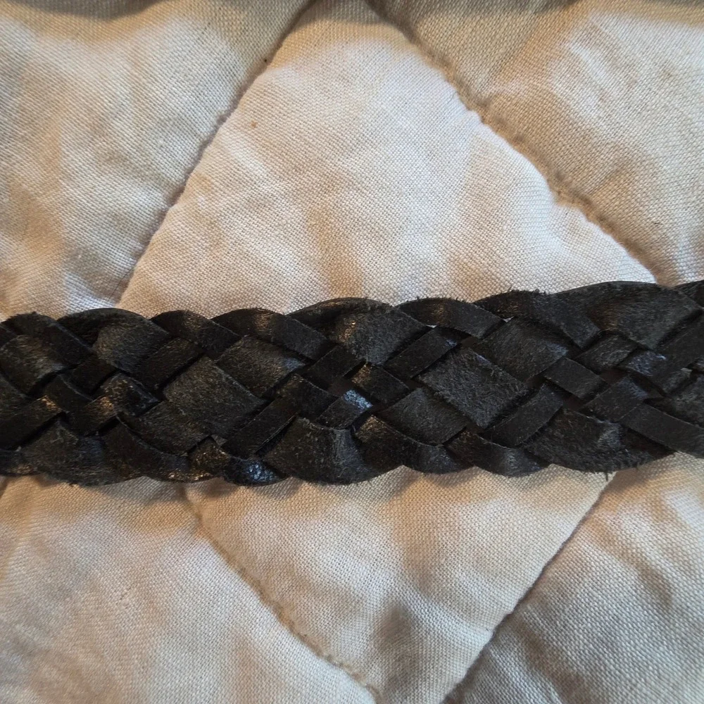 Talbots Braided Leather Belt Womens XL Black Woven Square Buckle Turkey